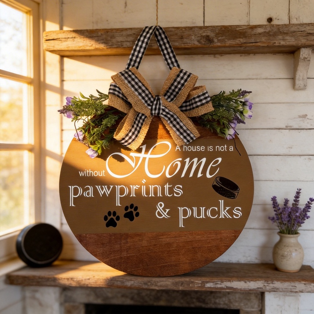 Rustic Brown Home Accent Sign For Families Who Love Dogs & Hockey